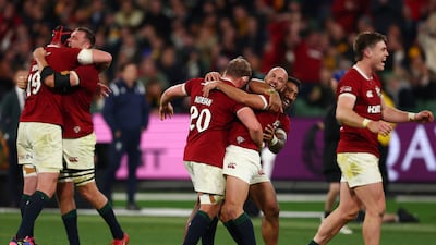 Lions players celebrate their victory which meant they took an unassailable 2-0 series lead. Getty Images