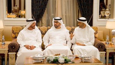 Sheikh Mohammed bin Rashid and Sheikh Mohammed bin Zayed receive UAE rulers at Al Mushrif Palace for an iftar reception.