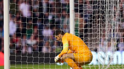 Celtic's goalkeeper Fraser Forster shows his dejection during their Uefa Champions League qualifying match at Murrayfield Stadium in Edinburgh. Robert Perry / EPA