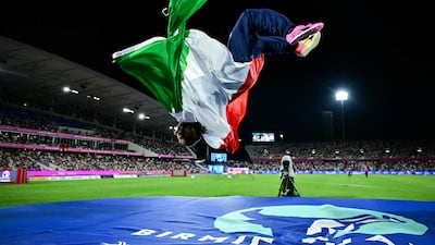 Italian gold medallist Gianmarco Tamberi celebrates his men's high jump victory at the European Athletics Championships in Birmingham. AFP