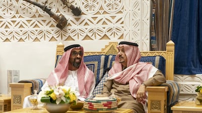 Sheikh Mohamed bin Zayed, Crown Prince of Abu Dhabi and Deputy Supreme Commander of the UAE Armed Forces meets with King Salman of Saudi Arabia at Al Auja Palace in Riyadh.