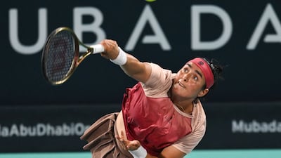 Tunisia's Ons Jabeur serves against Britain’s Emma Raducanu at the Mubadala Abu Dhabi Open tennis tournament in Abu Dhabi on February 07. AFP
