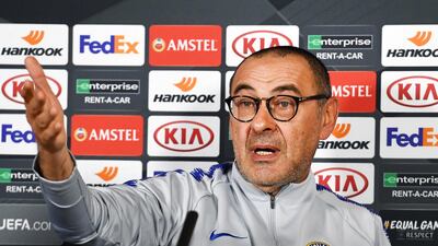 Chelsea manager Maurizio Sarri speaks to the media ahead of the Europa League semi-final, second leg. EPA