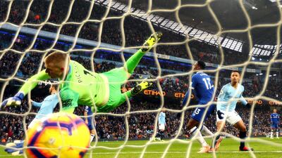Gabriel Jesus of Manchester City scores his team's second goal past Jordan Pickford of Everton. Getty Images