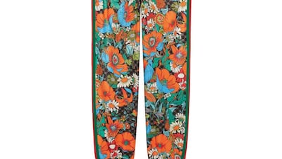 Patterned tracksuit bottoms.