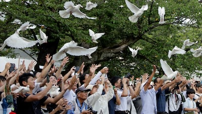 White doves are released at the Yasukuni Shrine in Tokyo, as Japan marks the 81st anniversary of the end of the Second World War. EPA