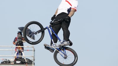 British cyclist Kieran Reilly competes in the men's BMX freestyle final at the European Games in Krakow, Poland. Reilly went on to win gold for Team GB. AFP