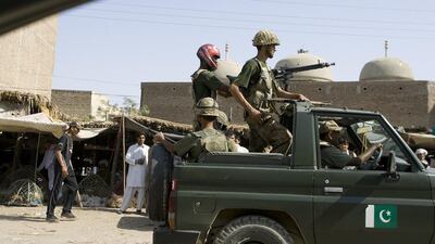 Pakistan army soldiers patrol in Naurang near Bannu, Pakistan. B.K.Bangash / AP Photo
