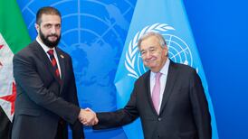Syrian President Ahmad Al Shara, left, with Antonio Guterres at last year's UN General Assembly meeting in New York. AFP