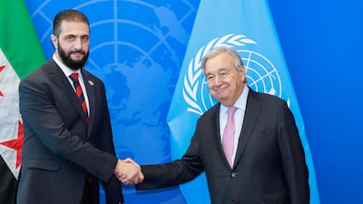 Syrian President Ahmed Al Shara, left, with Antonio Guterres at last year's UN General Assembly meeting in New York. AFP