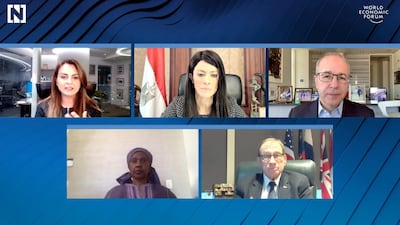 The panel at the Placing Gender Parity at the Heart of the Recovery session at the virtual World Economic Forum event. Panellists included Rania Al-Mashat, minister of international cooperation of Egypt; Phumzile Mlambo-Ngcuka, unndersecretary- general and executive director at UN WOMEN, Michael Neidorff, chairman, president and chief executive at Centene, Kevin Sneader, global managing partner at McKinsey & Company, while the moderator was Mina Al-Oraibi, editor-in-chief, The National. Courtesy WEF