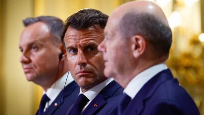From left, Polish President Andrzej Duda, French President Emmanuel Macron and German Chancellor Olaf Scholz. AP