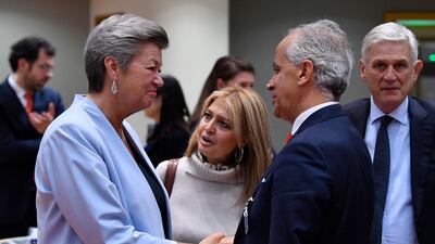 Italy's Interior Minister Matteo Piantedosi, right, with EU Commissioner for Home Affairs Sweden's Ylva Johansson, left, during Extraordinary Home Affairs Council meeting at the EU headquarters. AFP