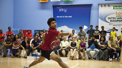Mohammed Munawer in action during the 36th UAE Open Badminton Tournament held at the India Club in Dubai. Antoine Robertson / The National
