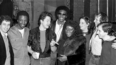 Dan Hartman, Frankie Crocker, Loleatta Holloway (centre) and friends at the Paradise Garage in New York City in 1980. (Photo by Fran Pelzman/Ebet Roberts Studio/Redferns)