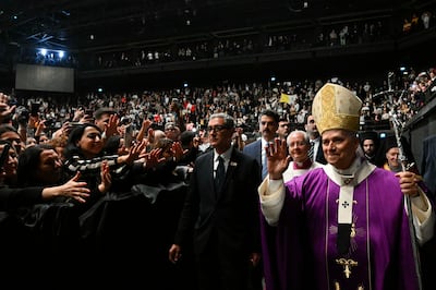 Pope Leo greets the congregation at the Volkswagen Arena on Saturday. EPA