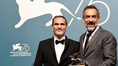 Director Todd Phillips and Phoenix with the Best Film Golden Lion for 'Joker' at the The 76th Venice Film Festival, which ran from August 28 to September 7, 2019. Reuters