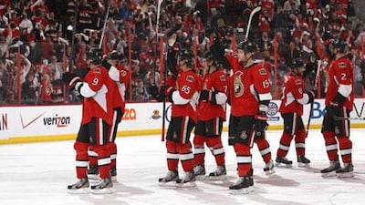 The Ottawa Senators celebrate their double overtime win over the Pittsburgh Penguins. Jana Chytilova / Getty Images / AFP