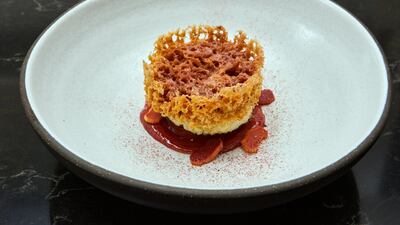 Ghevar, a dessert in India, usually made with wheat flour and sugar syrup, served at Sona.