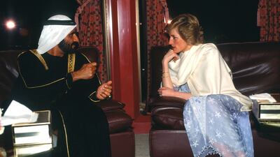 The princess chats with Sheikh Mohammed bin Rashid at a reception at the British Consulate in Dubai during the 1989 visit. The Vice President and Ruler of Dubai was then the emirate's Crown Prince. Getty