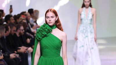 A lawn green dress as part of the Elie Saab ready-to-wear spring/summer 2023 fashion collection. AP