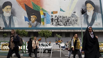 A mural of Iranian supreme leader Ayatollah Ali Khamenei, left, and late supreme leader Ayatollah Ruhollah Khomeini, right, in Tehran. EPA
