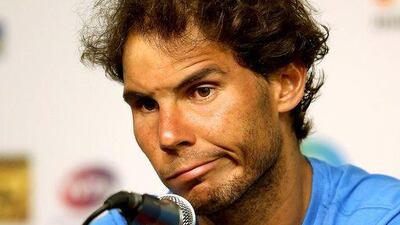 Rafael Nadal of Spain fields questions from the media after retiring from his match against Damir Dzumhur of Bosnia and Herzegovina after feeling dizzy during the Miami Open presented by Itau at Crandon Park Tennis Center on March 26, 2016 in Key Biscayne, Florida. Matthew Stockman/Getty Images