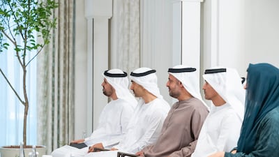 Members of the UAE leadership during their meeting with Paraguay's President. Photo: Mohamed Al Hammadi / UAE Presidential Court