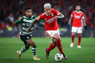 Benfica sold midfielder Enzo Fernandez, right, to Chelsea in January. EPA
