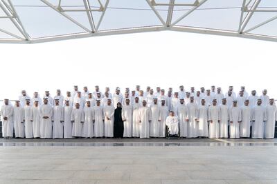 Sheikh Hamdan bin Zayed, the Ruler’s representative in Al Dhafra (front row, 13th from right), Sheikh Issa bin Zayed, (front row, 19th from left), Maryam Eid Al Mheiri, CEO of Media Zone Authority & and TwoFour54 (front row, 16th from right), Brig Gen Saleh Mohamed Saleh Al Ameri, Commander of the Ground Forces (front row, 14th from right), Sheikh Abdulla bin Mohammed, Chairman of the Health Department and Abu Dhabi Executive Council Member (front row, ninth from right) and Omar bin Sultan, UAE Minister of State for Artificial Intelligence (front row, eight from right). Rashed Al Mansoori / Crown Prince Court - Abu Dhabi