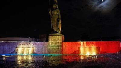 The monument ‘La Minerva’ is illuminated with the colors of the Belgium national flag in tribute to the victims of the Brussels terror attacks, in Guadalajara, Mexico. Ulises Ruiz Basurto / EPA