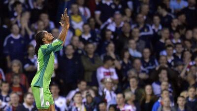Nigeria's Michael Uchebo celebrates scoring against Scotland during their international friendly at Craven Cottage in London on Wednesday. Toby Melville / Reuters / May 28, 2014