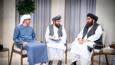 Sheikh Abdullah bin Zayed, Deputy Prime Minister and Minister of Foreign Affairs, with Mawlawi Amir Khan Muttaqi, Afghanistan's acting Foreign Minister, in Abu Dhabi on Wednesday. Photo: Wam