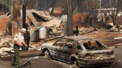 A senior wildlife officer, Geoff McClure, inspects the township of Marysville after bush fires destroyed it.