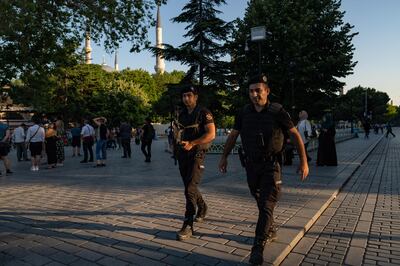 Turkish riot police officers patrol near the Blue Mosque in Istanbul. AFP
