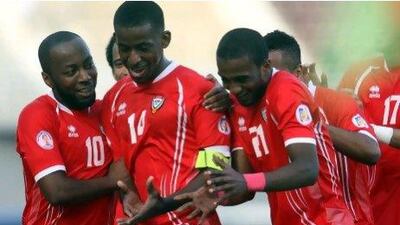 Basheer Saeed celebrates after scoring his second goal against Lebanon.