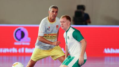 Dubai, United Arab Emirates - September 27th, 2017: The Premier Futsal finals will feature football legends from across the globe. Bengaluru v Chennai. Chennai's Hernan Crespo and Bengaluru's Paul Scholes. Wednesday, September 27th, 2017 at Al Wasl Sports Club, Dubai.