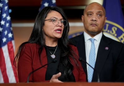 US Representative Rashida Tlaib speaks alongside Representative Andre Carson during a news conference in Washington. Reuters