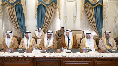 Staff Major General Faris Khalaf Al Mazrouei, Chairman of the UAE Critical Infrastructure and Coastal Protection Authority, Dr Ahmed Mubarak Al Mazrouei, Secretary General of the Abu Dhabi Executive Council, Khaldoon Khalifa Al Mubarak, CEO and Managing Director Mubadala, Chairman of the Abu Dhabi Executive Affairs Authority and Abu Dhabi Executive Council Member, Dr Sultan Ahmed Al Jaber, UAE Minister of State, Chairman of Masdar and CEO of ADNOC Group, Suhail bin Mohamed Faraj Faris Al Mazrouei, UAE Minister of Energy and Sheikh Mohamed bin Tahnoon Al Nahyan, attend a meeting with Imran Khan at the Prime Minister's residence. Mohammed Al Hammadi / Ministry of Presidential Affairs