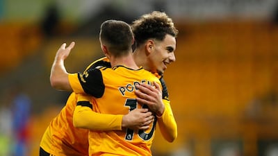 Daniel Podence and Rayan Ait-Nouri celebrate the second Wolves goal against Crystal Palace. Getty