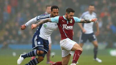 Danny Ings of Burnley is marshalled by Joleon Lescott of West Brom during the Premier League match between Burnley and West Bromwich Albion at Turf Moor on February 8, 2015 in Burnley, England. Getty Images