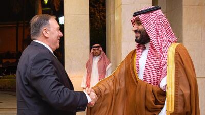 In this handout photo by the Saudi Roayal Palace, US Secretary of State Mike Pompeo (L) is greeted by Saudi Arabia's Crown Prince Mohammed bin Salman in Jeddah on September 18, 2019. Pompeo denounced strikes on Saudi Arabia's oil infrastructure as an "act of war" on, as Riyadh unveiled new evidence it said showed the assault was "unquestionably" sponsored by arch-foe Iran. - RESTRICTED TO EDITORIAL USE - MANDATORY CREDIT "AFP PHOTO / SAUDI ROYAL PALACE / BANDAR AL-JALOUD" - NO MARKETING - NO ADVERTISING CAMPAIGNS - DISTRIBUTED AS A SERVICE TO CLIENTS / AFP / Saudi Royal Palace / BANDAR AL-JALOUD / RESTRICTED TO EDITORIAL USE - MANDATORY CREDIT "AFP PHOTO / SAUDI ROYAL PALACE / BANDAR AL-JALOUD" - NO MARKETING - NO ADVERTISING CAMPAIGNS - DISTRIBUTED AS A SERVICE TO CLIENTS