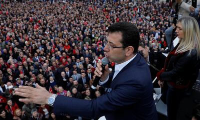 Ekrem Imamoglu, who narrowly won the Istanbul mayoral vote, addresses his supporters in Istanbul. Reuters