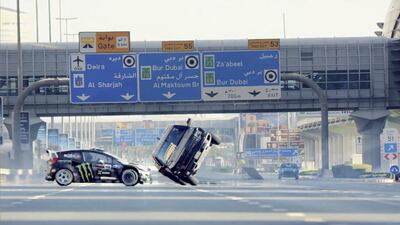 Ken Block skids and drifts his way through the desert, Sheikh Zayed Road, The Palm Jumeirah and around the Burj Khalifa in his 650bhp RX3 Fiesta. Courtesy Ford Performance