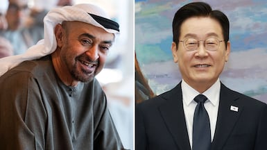 President Sheikh Mohamed will meet President Lee Jae Myung of South Korea in Abu Dhabi on Monday. UAE Presidential Court / Reuters