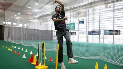 UAE’s Salman Farooq has clocked many hours the past few weeks at the ICC Academy at Dubai Sports City in Dubai. Pawan Singh / The National
