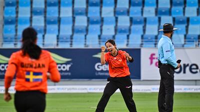 Falcons bowler Anju Gurung celebrates taking the wicket of Spirit opener Natthakan Chantham in the FairBreak Invitational semifinal at Dubai International Stadium.