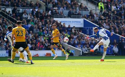 Brighton's Pascal Gross scores the third goal in the 6-0 Premier League win over Wolverhampton Wanderers at the AMEX Stadium, PA