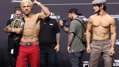Alexander Volkanovski, left, will take on Movsar Evloev at the Etihad Arena on Saturday