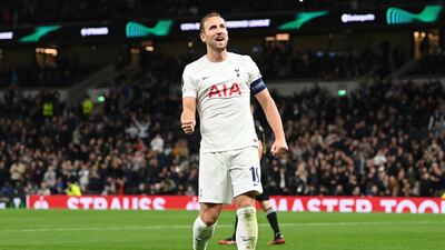 Harry Kane of Tottenham Hotspur celebrates after scoring his side's fifth goal, and his third, at home in their Europa Conference League match against NS Mura on Thursday. Photo: Getty